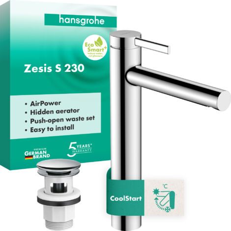 Hansgrohe Zesis S - Waschtischmischer mit Push-Open Ablaufgarnitur, EcoSmart+, CoolStart, Chrom 74732000