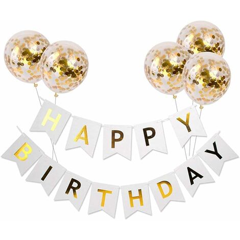Happy Birthday Banner Dekoration, Happy Birthday Luftballons und 5 Stück Konfetti Luftballons, Happy Birthday Banner Mädchen Junge Helium Geburtstag Party Dekoration (weißes Banner)