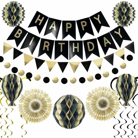 Happy Birthday Banner Set Party Dekorationen Zubehör Party Favors Hängebanner Papierfächer Wirbel Wabenbälle Papierbommeln für Geburtstag Hochzeit Babyparty Dschungelparty (18 Stück Schwarz)