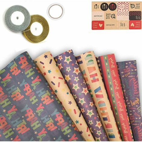 Happy Birthday Geschenkpapier, Geschenkpapier, 6 Blatt 50 70 cm Kraftpapier mit 1 doppelseitigem Klebeband, 1 Etikettenaufkleber, 2 bunte Schnüre, 13 Dreizehn