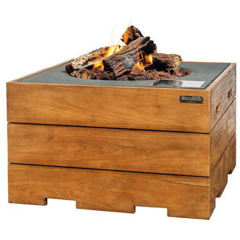 Happy Cocooning Mania Feuertisch 19,5 kW quadratisch groß 76x76x46 cm Teakholz/grau
