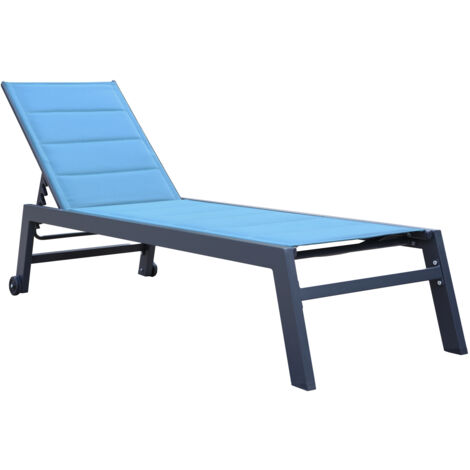 Happy Garden – Bain de soleil transat réglable en textilène bleu gris – Structure aluminium anthracite – Dossier inclinable 5 niveaux – Dimensions L 164 à 198 × l 61 × H 35 à 95 cm