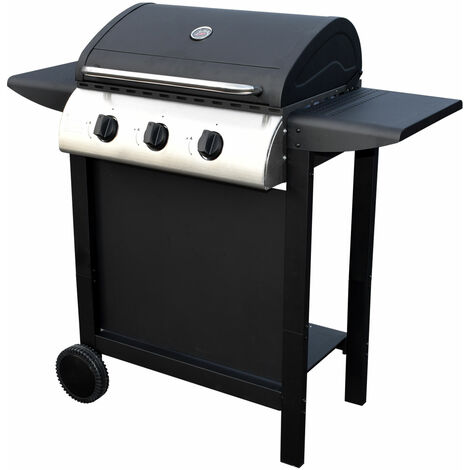 Happy Garden – Barbecue à gaz Hawaï 3 brûleurs 8,4 kW – Surface de cuisson 53x33,5 cm – Capot avec thermomètre – 2 tablettes latérales
