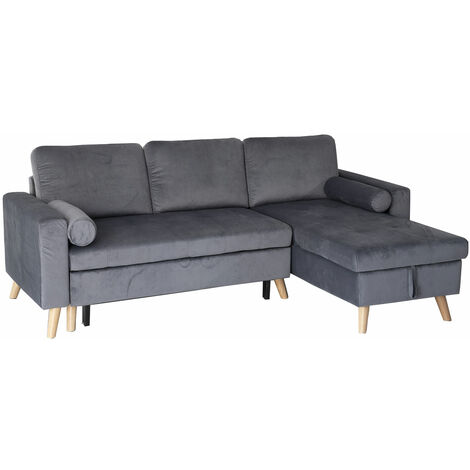 Happy Garden – Canapé d'angle convertible 3 places en velours gris – Méridienne réversible – Couchage 195 × 118 cm – Structure en bois de bouleau