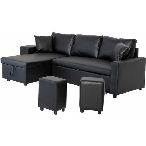 Happy Garden – Canapé d'angle convertible 3 places noir – Méridienne réversible – Coffre de rangement – Couchage confortable 2 personnes – Dimensions L 238 × l 146 × H 85cm