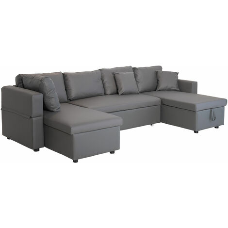 Happy Garden – Canapé panoramique convertible 4 places gris – Simili SCOTT – Couchage 264x140cm – Coffre de rangement sous méridienne