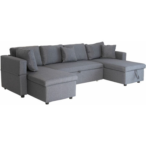 Happy Garden – Canapé panoramique convertible 4 places gris chiné – Système de tiroir coulissant – Coffre de rangement – Design épuré pour salon moderne