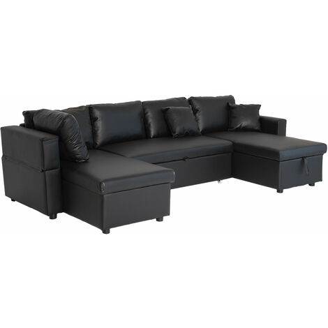 Happy Garden – Canapé panoramique convertible 4 places noir – Revêtement simili – Coffre de rangement – Dimensions L 294 × l 146 × H 85 cm