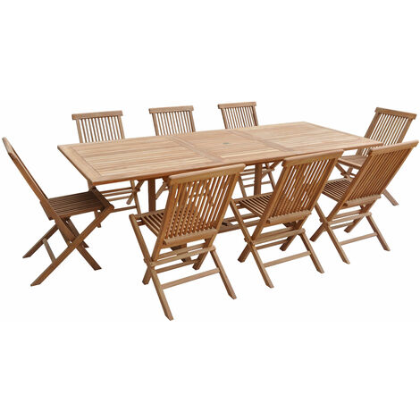 Happy Garden – Ensemble table et chaises de jardin en teck – Table rectangulaire extensible 6 à 8 places – Trou pour parasol – Dimensions L 180 à 240 cm