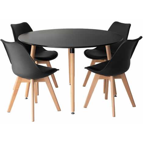 Happy Garden – Ensemble table ronde 120cm avec 4 chaises NORA – Structure en bois massif – Confort optimal avec coussins – Pour cuisine et salle à manger