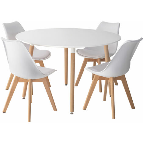 Happy Garden – Ensemble table ronde 120cm avec 4 chaises NORA en bois massif – Hauteur 75cm – Idéal pour salle à manger ou cuisine