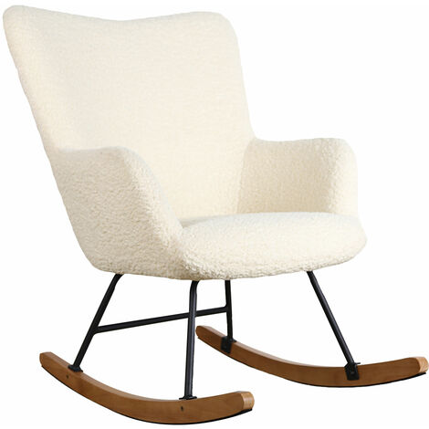 Happy Garden – Fauteuil à bascule écru en tissu bouclette – Dossier haut et enveloppant – Pieds en bois d'hévéa – Dimensions 93x72x98 cm