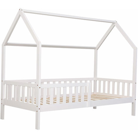 Happy Garden – Lit cabane enfant 190x90cm blanc – Structure en pin – Sommier à lattes inclus – Hauteur 31,5cm – Pour stimuler l'imagination