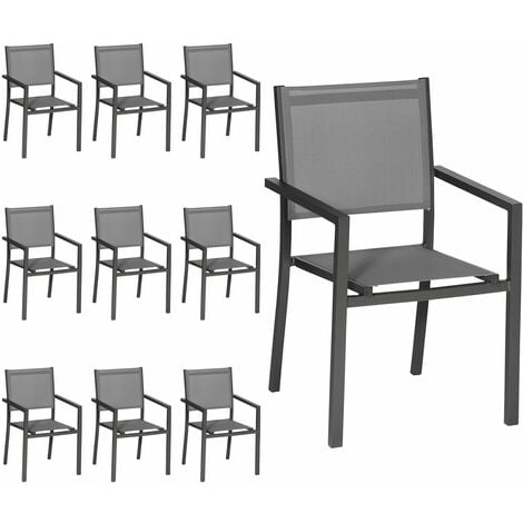 HAPPY GARDEN - Lot de 10 chaises en aluminium anthracite - textilène gris