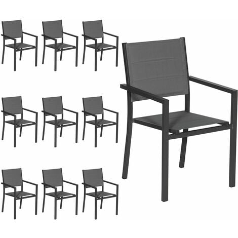 HAPPY GARDEN - Lot de 10 chaises rembourrées en aluminium anthracite - textilène gris