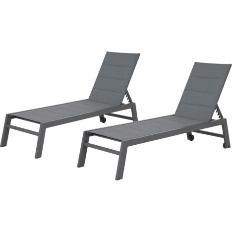 Happy Garden – Lot de 2 bains de soleil en textilène gris – Structure aluminium gris anthracite – Dossier inclinable 5 niveaux – Roulettes caoutchouc