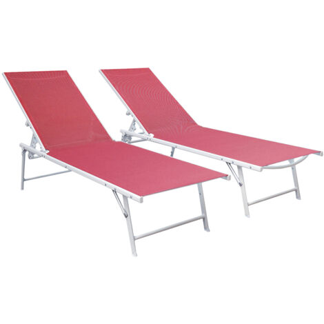 Happy Garden – Lot de 2 bains de soleil pliants en textilène rose – Structure en acier – Dimensions L 159 à 182 × l 54 × H 32,5 à 87,5 cm – Résistant UV