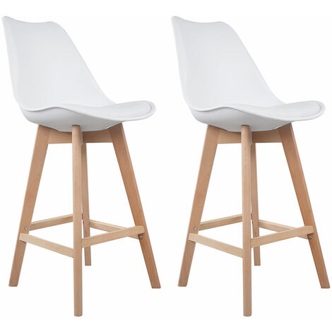 Happy Garden – Lot de 2 tabourets de bar scandinaves – Assise moelleuse H 70 cm – Coque en polypropylène – Pieds en bois de hêtre H 105 cm