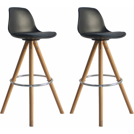 Happy Garden – Lot de 2 tabourets de bar scandinaves noirs avec coussin – Hauteur d'assise 74 cm – Pieds en bois – Repose-pieds circulaire inclus