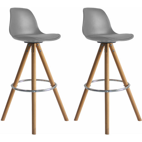 Happy Garden – Lot de 2 tabourets de bar scandinaves TOBIAS gris – Hauteur d'assise 74 cm – Coussin rembourré – Pieds en bois naturel