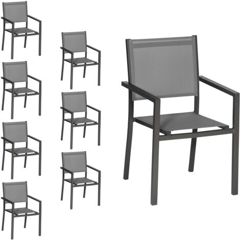 Happy Garden – Lot de 8 chaises pliantes en aluminium anthracite – Assise en textilène gris – Hauteur d'assise 44 cm – Empilables pour rangement facile