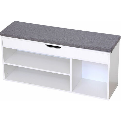 Happy Garden – Meuble à chaussures blanc 3 casiers avec coffre – Dimensions L 104 × l 29,5 × H 49 cm – Structure en aggloméré et MDF – Coussin en mousse gris
