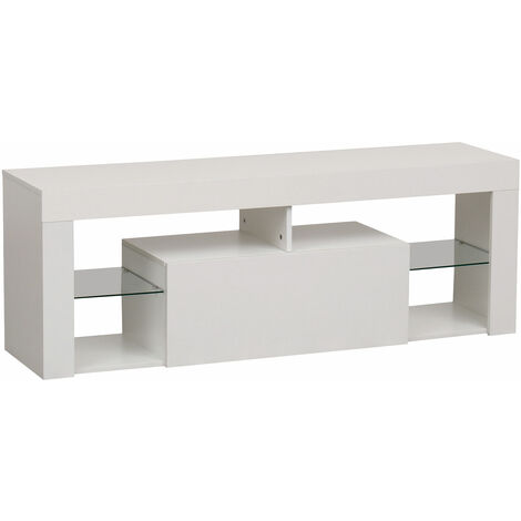 Happy Garden – Meuble TV 140cm blanc – Éclairage LED intégré – 4 étagères ouvertes – Rangement central en MDF et verre – Dimensions H 50cm x L 140cm