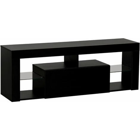Happy Garden – Meuble TV noir 140cm avec éclairage LED – Structure en MDF et verre – 4 étagères ouvertes – Coffre de rangement central