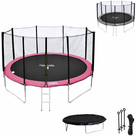HAPPY GARDEN - Pack Premium Trampoline 370cm réversible rose / gris PERTH + filet, échelle, bâche et kit d'ancrage