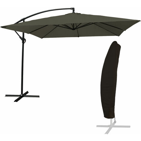 Happy Garden – Parasol déporté carré 2,7x2,7m gris – Housse imperméable – Protection UV20+ – Mât articulé en acier – Système d'ouverture manivelle