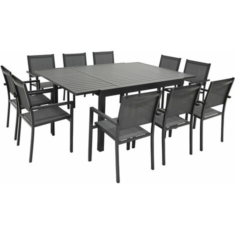 HAPPY GARDEN - Salon de jardin extensible 10 places de 140/200cm en textilène gris - aluminium anthracite VENEZIA