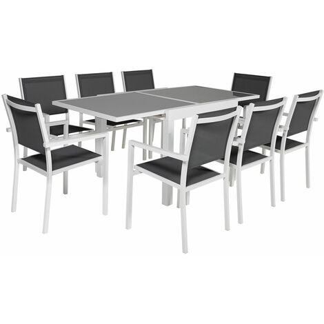Happy Garden – Salon de jardin extensible 8 places en textilène gris – Structure aluminium blanche – Table L 90/180 × l 90 × H 75 cm