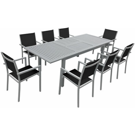 Happy Garden – Ensemble table et chaises de jardin extensible 8 places – Textilène noir et aluminium gris – Dimensions table L 173/240 × l 100 × H 76 cm