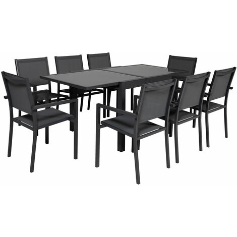 HAPPY GARDEN - Salon de jardin LAMPEDUSA extensible en textilène gris 8 places - aluminium anthracite
