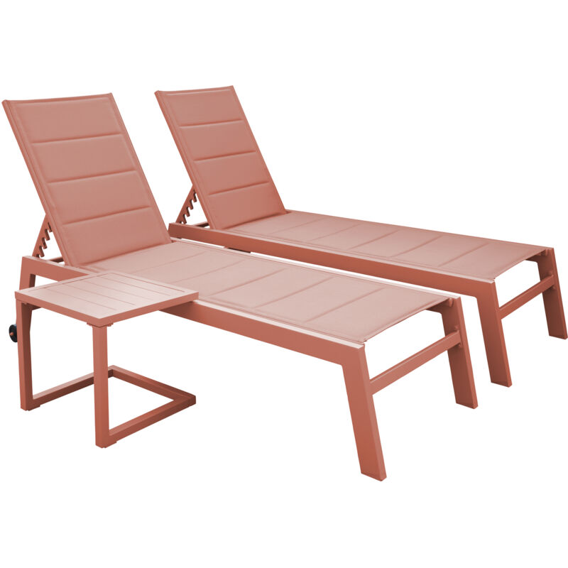 HAPPY GARDEN - Set 2 bains de soleil et table d'appoint BARBADOS en textilène terracotta - aluminium terracotta HAPPY GARDEN - Set 2 bains de soleil et table d'appoint BARBADOS en textilène terracotta - aluminium terracotta