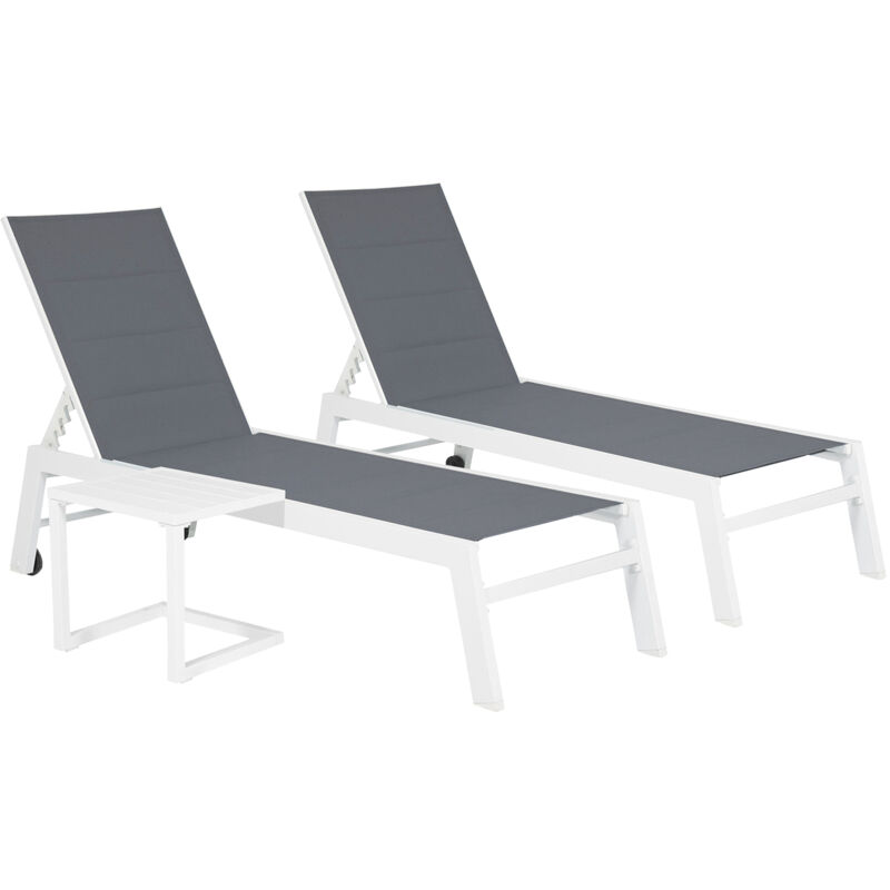 HAPPY GARDEN - Set 2 bains de soleil et table d'appoint BARBADOS en textilène gris - aluminium blanc HAPPY GARDEN - Set 2 bains de soleil et table d'appoint BARBADOS en textilène gris - aluminium blanc