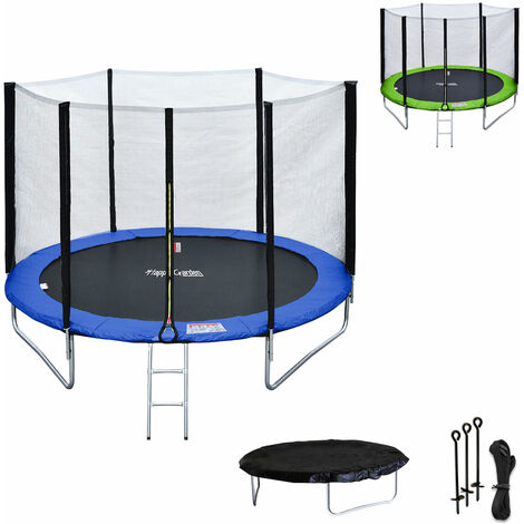 Happy Garden – Trampoline 180cm réversible bleu/vert – Charge max 50kg – Filet de protection et kit d'ancrage inclus – Ultra sécurisé