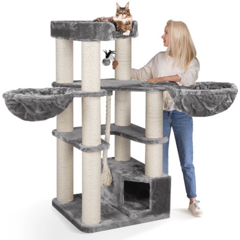 HAPPYPET Kratzbaum für große Katzen 'Oscar' - 161 cm Premium Katzenbaum stabil 47 kg, 12 cm Dicke Stämme für schwere Katzen Maine Coon, 600g Plüsch, geprüftes Holz  Grau