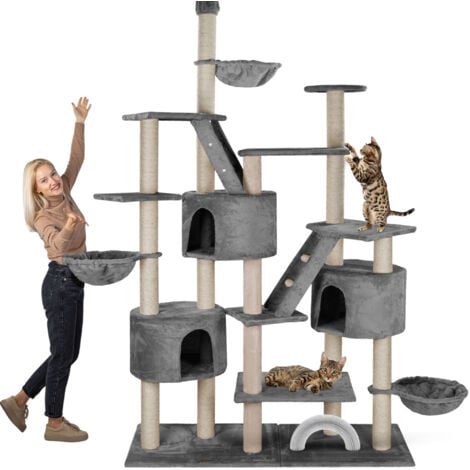 HAPPYPET XXL Kratzbaum Simba deckenhoch 260 cm - Kletterbaum Paradies, Extra Breit, Höhlen, Liegemulden, Großer Katzenbaum Stabil für Katzen, 9 cm Säulen, viel Zubehör  Grau