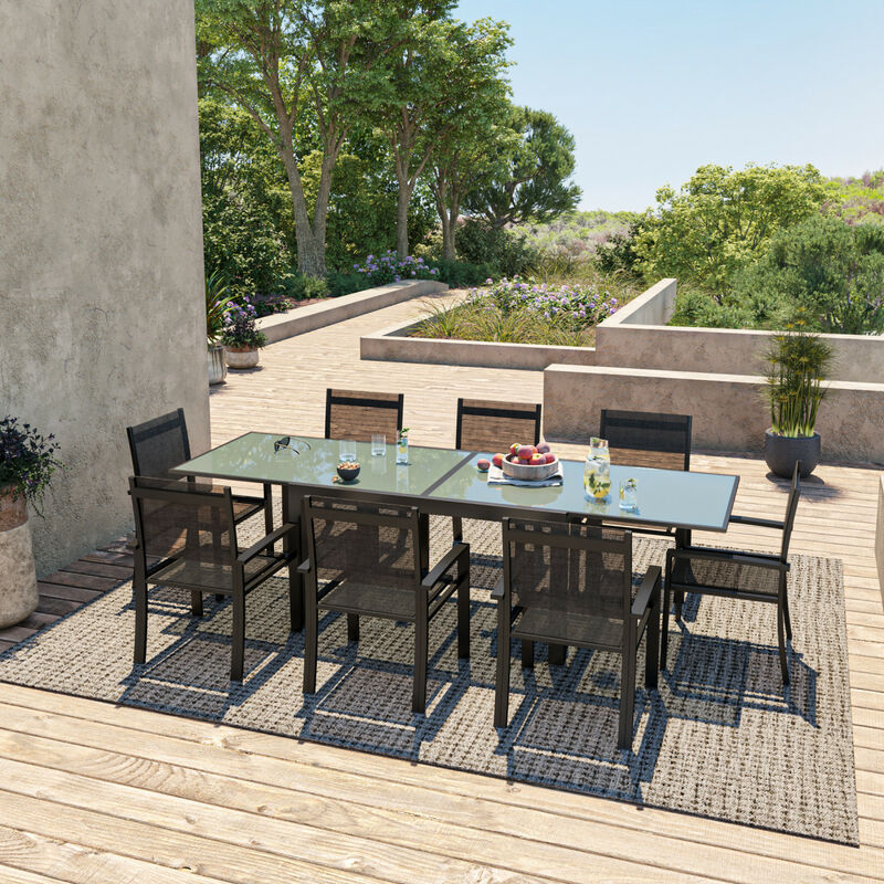 Avril Paris - Table de jardin extensible aluminium 140/280cm + 8 fauteuils textilène Noir - HARA XL - Noir