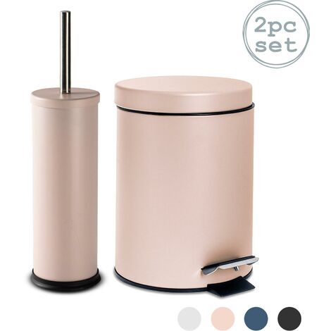 Bathroom Pedal Bin & Toilet Brush Colour Match Accessory Set Stainless Steel 2Pc 