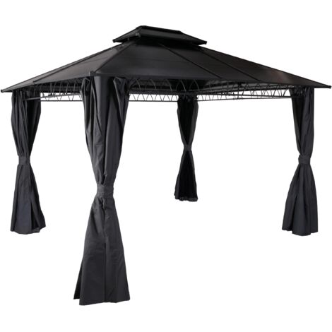 Hardtop Pergola HHG-496, Pavillon, Aluminium Dachstreben 7cm-Stahlgestell mit Seitenwand und Moskitonetz 3,6x3m grau