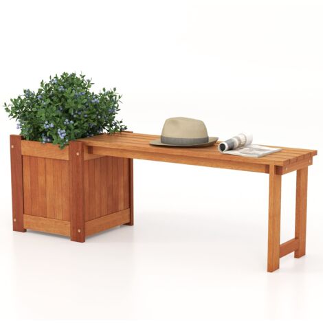 Hardwood Flower Box Outdoor Raised Garden Bed w/ Bench-Natural