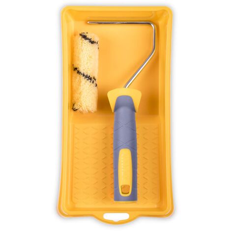 HARDY WORKING TOOLS Rullo Di Vernice Set, Rotolo di vernice, vasca di vernice e rulli colorati di poliestere, Altezza del pelo 9mm, Lunghezza 10cm, Diametro 15mm, bianco-giallo-grigio, A0180-529000