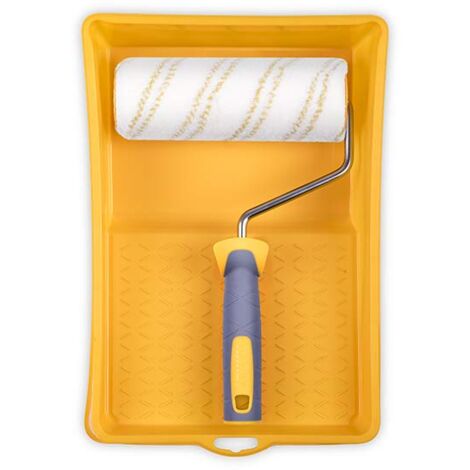 HARDY WORKING TOOLS Rullo Di Vernice Set, Rotolo e vasca colorati, di poliestere, Altezza del pelo 12mm, Lunghezza 18cm, Diametro 48mm, bianco-giallo-grigio