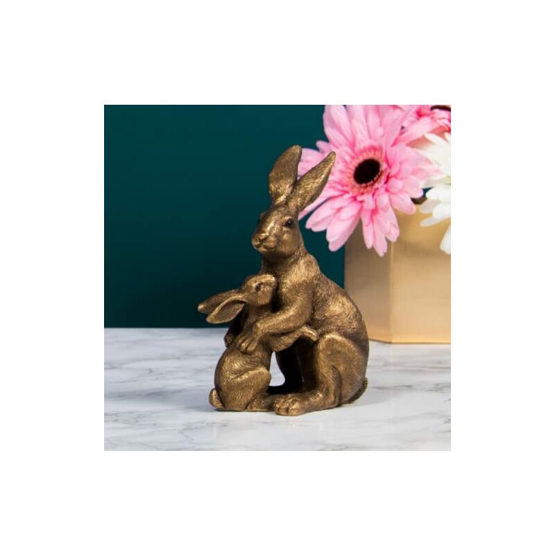 Hare Rabbit & Baby Ornament Rustic Bronzed Style Resin Christmas Sculpture Figurine Xmas