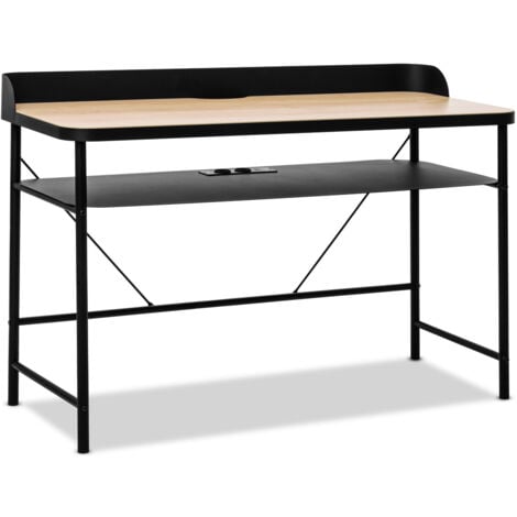 FRANKYSTAR Hariyang - Bureau en métal avec étagère en bois 120x50 cm équipé de 2 prises shuko et 2 ports USB