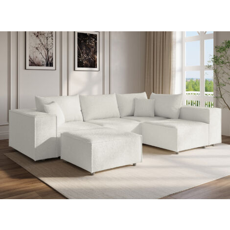 HARLEM - Canapé d'angle modulable avec 1 pouf en tissu effet peau de mouton blanc écru HARLEM XL
