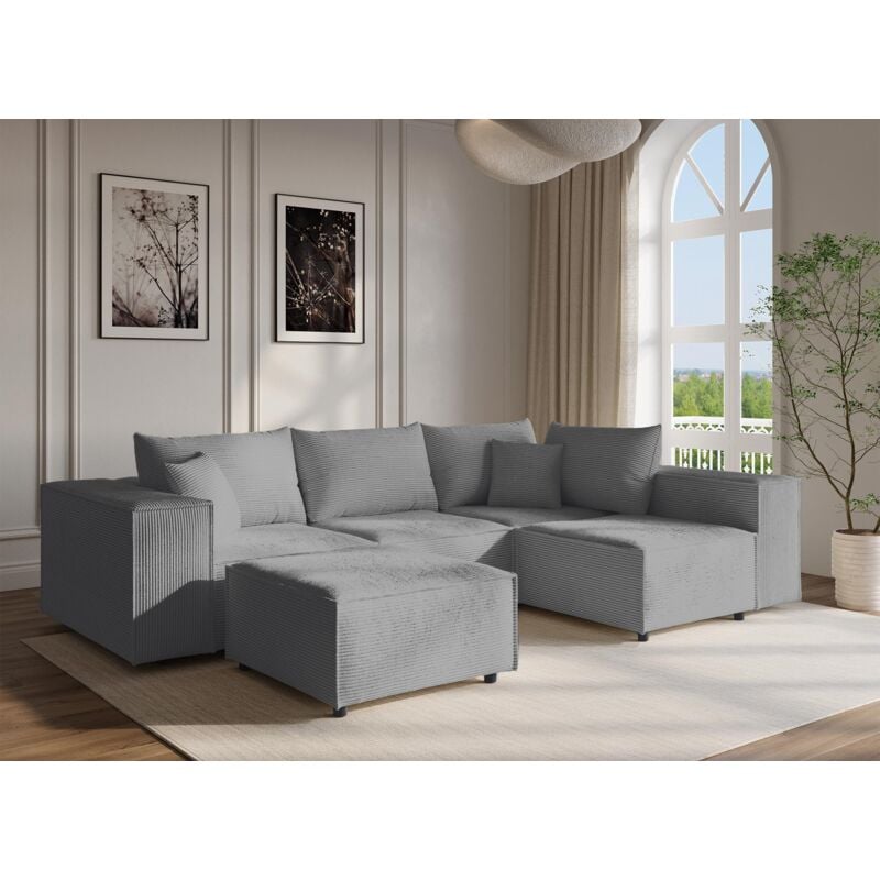 Deco In Paris - harlem - Canapé d'angle modulable avec 1 pouf en velours côtelé épais gris harlem xl