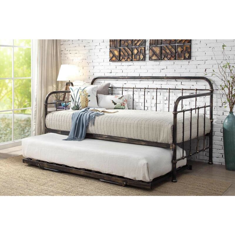 Harlow Antique Style Metal Day Bed with Folding Guest Bed Trundle - Brushed Brass